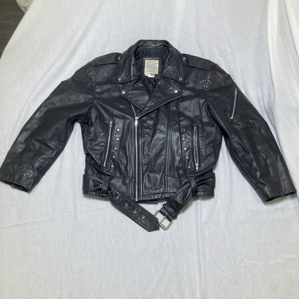 Vintage USA 1980 -90s motorcycle Jacket Mens Medium black leather biker Zip Belt
